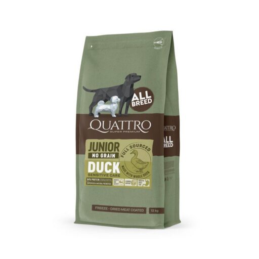 QUATTRO begrūdis visų veislių jaunų šunų pašaras su antiena, 12kg
