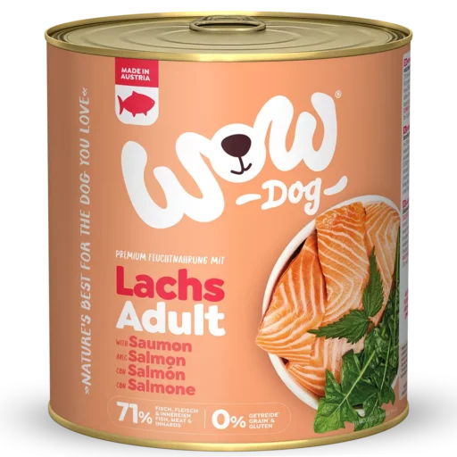 WOW suaugusių šunų šlapias maistas su lašiša, kiaulpienėmis ir dilgėlėmis (800g)