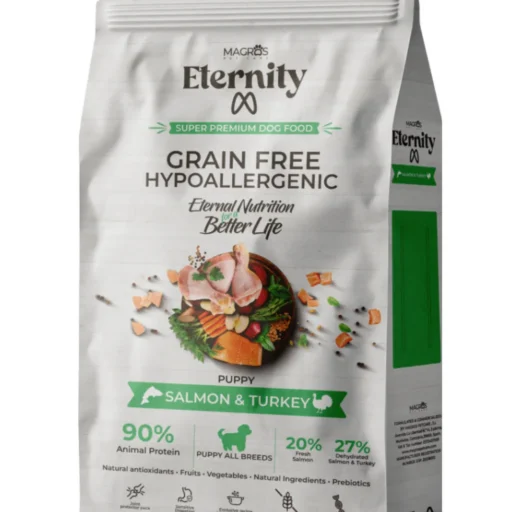 NAUJIENA! Magros Eternity begrūdis maistas PUPPY mažiems šuniukams su lašiša ir kalakutiena