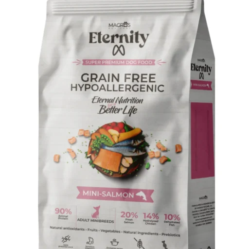 NAUJIENA! Magros Eternity begrūdis maistas šunims su lašiša (mini granulės)