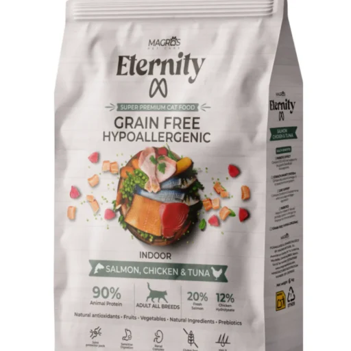 NAUJIENA! Magros Eternity begrūdis maistas naminėms katėms su lašiša, vištiena ir tunu