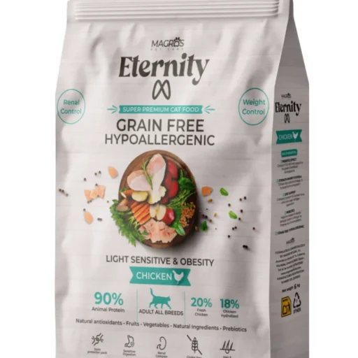 NAUJIENA! Magros Eternity begrūdis maistas su vištiena jautrioms ar į anstvorį linkusioms katėms