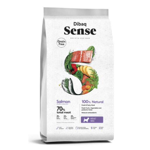 Dibaq Sense begrūdis maistas šunims su lašiša mini granulėmis