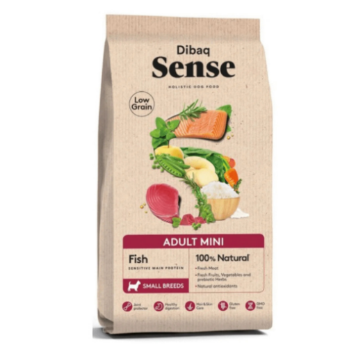 Dibaq Sense Low grain maistas šunims su žuvimi ir ryžiais mini granulėmis 2kg