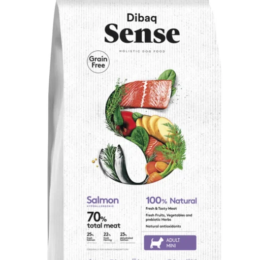 Dibaq Sense begrūdis maistas šunims su lašiša mini granulėmis