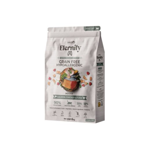 NAUJIENA! Magros Eternity begrūdis maistas naminėms katėms su lašiša, vištiena ir tunu