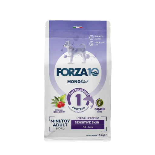 FORZA10 Monodiet Mini/Toy Adult Sensitive Skin šunims begrūdis su žuvimi