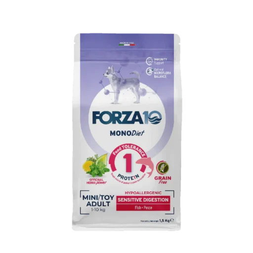 FORZA10 Monodiet Mini/Toy Adult Sensitive Digestion šunims begrūdis su žuvimi 1,5kg