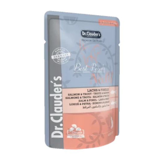 DR. CLAUDER'S drėgnas maistas katėms su lašiša ir upėtakiu drebučiuose 100 g