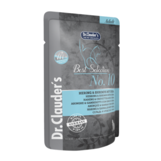 DR. CLAUDER'S drėgnas maistas katėms su silke, krevetėmis ir chia sėklomis 85g