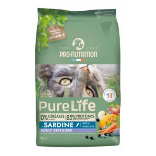 PRO-NUTRITION Pure Life Adult Sterilised sardine sausas maistas suagusioms sterilizuotoms katėms su sardinėmis