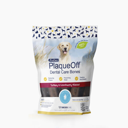 ProDen PlaqueOff Dental Care Bones – dantų priežiūros skanėstai spanguolių skonio su kalakutiena 482 g