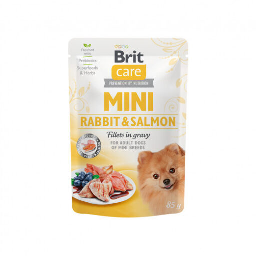 Brit Care Mini konservuotas pašaras šunims maiš. Rabbit&Salmon fillets in gravy 24x85g