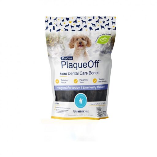 ProDen PlaqueOff Mini Dental Care Bones – dantų priežiūros skanėstai mėlynių skonio su daržovėmis 340g