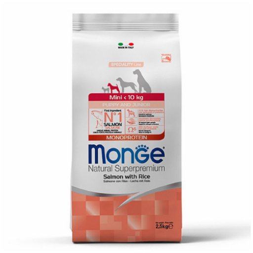 Monge spec.line monoprotein mini Puppy sausas pašaras mažų veislių jauniems šuniukams su lašiša ir ryžiais