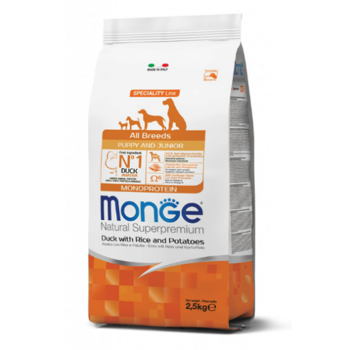 Monge spec. line monoprotein puppy sausas pašaras visų veislių jauniems šuniukams su antiena, ryžiais ir bulvėmis