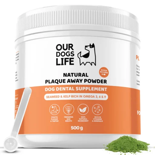 OURDOGSLIFE NATURAL PLAQUE AWAY POWDER, natūralūs dantų apnašų šalinimo milteliai 500g