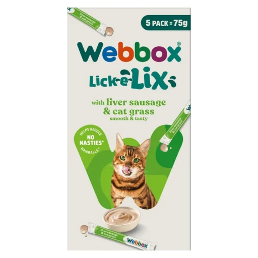 WBX Lick-E-Lix (liver sausage/cat grass) kepenėlių dešra ir kačių žolės skanėstai katėms N5 x 15 g