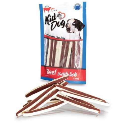 KIDDOG Sandwich jautienos ir menkės juostelės 80g