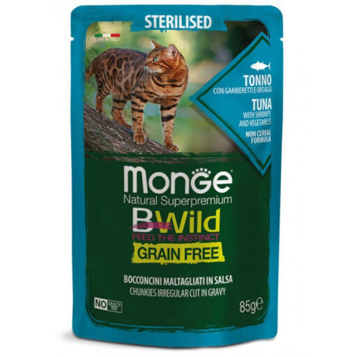 Monge BWild kons. pašaras sterilizuotoms katėms su tunu, krevetėmis ir daržovėmis padaže 85g