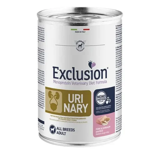 Exclusion Urinary dietinis konservuotas pašaras šunims, kiauliena, sorgai, ryžiai