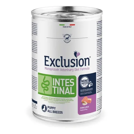 Exclusion Intestinal Diet konservuotas pašaras mažiems šuniukams su kiauliena ir ryžiais