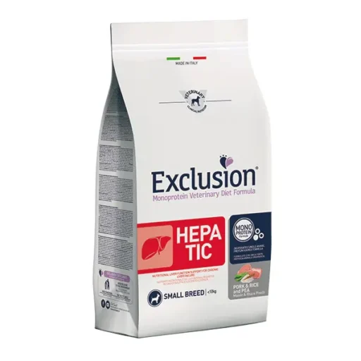 Exclusion Hepatic dietinis sausas pašaras mažų veislių šunims su kiauliena, ryžiais, žirniais, S, 2kg