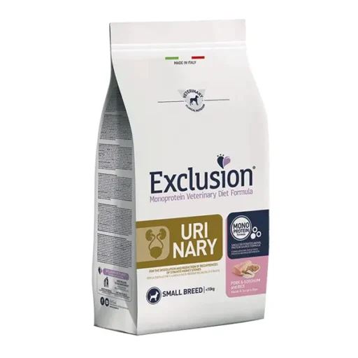 Exclusion Urinary dietinis sausas pašaras mažų veislių šunims, su kiauliena, sorų kruopomis, ryžiai, S, 2kg