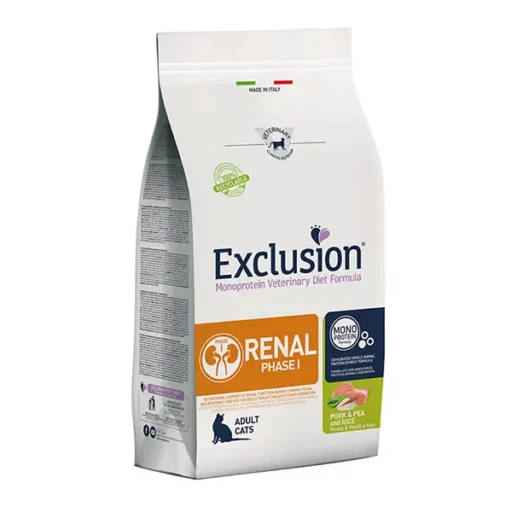 Exclusion Renal dietinis Phase I sausas pašaras katėms su kiauliena, žirniais, ryžiais