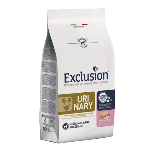 Exclusion Urinary sausas maistas vidutinių ir didelių veislių šunims su kiauliena, sorgų kruopos, ryžiai, M/L