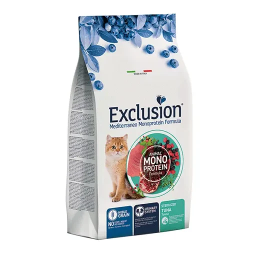Exclusion Mono Protein, begrūdis sausas pašaras M sterilizuotoms katėms, tunas