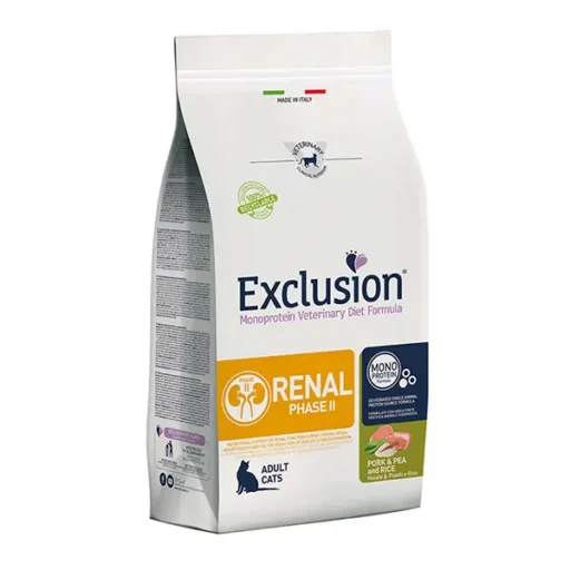 Exclusion Renal dietinis Phase II sausas pašaras katėms su kiauliena, žirniais, ryžiais