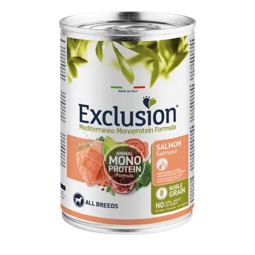 Exclusion Mono Protein Mediterraneo konservuotas pašaras šunims su lašiša, 400 g