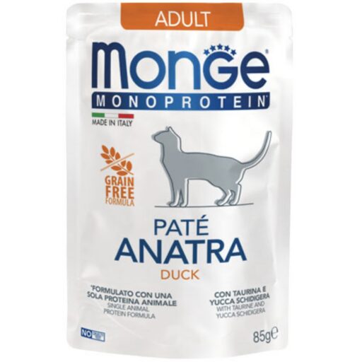 Monge Monoprotein Adult begrūdis konservuotas pašaras katėms su antiena 85g
