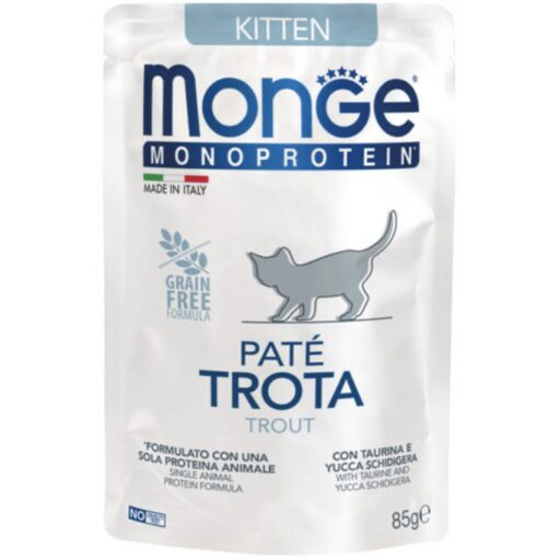 Monge Monoprotein Kitten begrūdis konservuotas pašaras jaunoms katėms su upėtakiu 85g