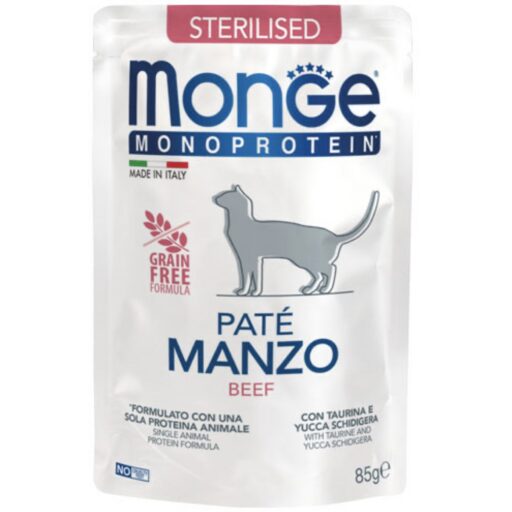Monge Monoprotein Sterilised begrūdis konservuotas pašaras stertilizuotoms katėms su jautiena 85g