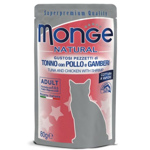 Monge Natural kons. pašaras suaugusioms katėms tuno ir vištienos kąsneliai su krevetėmis želėje 80g