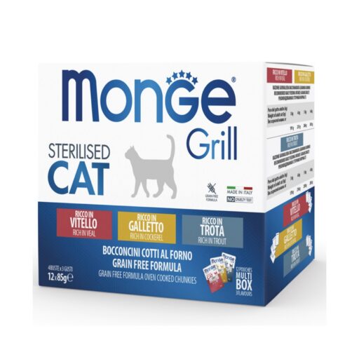 Monge Grill konservuotas pašaras sterilizuotoms katėms mix su vištiena/veršiena/upėtakiu 85g x12
