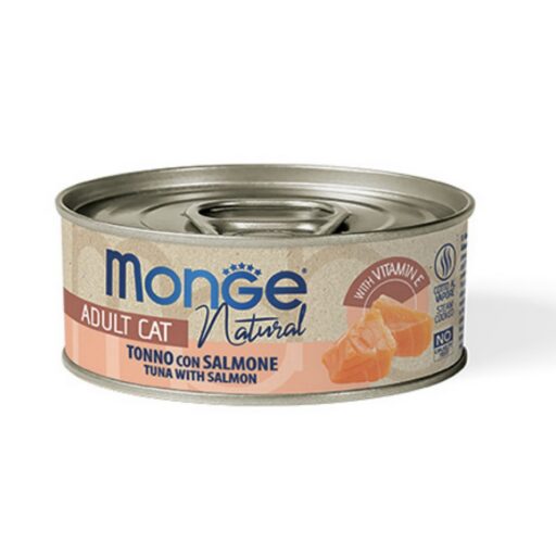 Monge kons. pašaras katėms su tuno gabalėliais, vištiena ir lašiša savo sultyse 80g