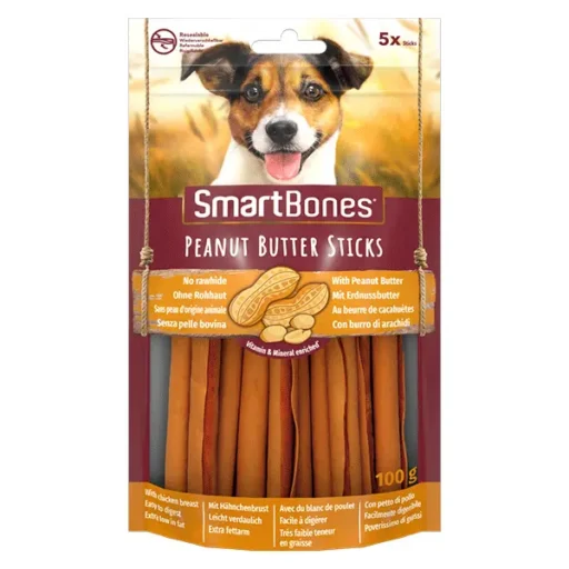 SmartBones Chicken Sticks lazdelių skanėstai su riešutų sviestu šunims, 5 vnt.