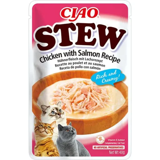 CIAO Stew troškinys katėms su vištiena ir lašiša, 12x40 g.