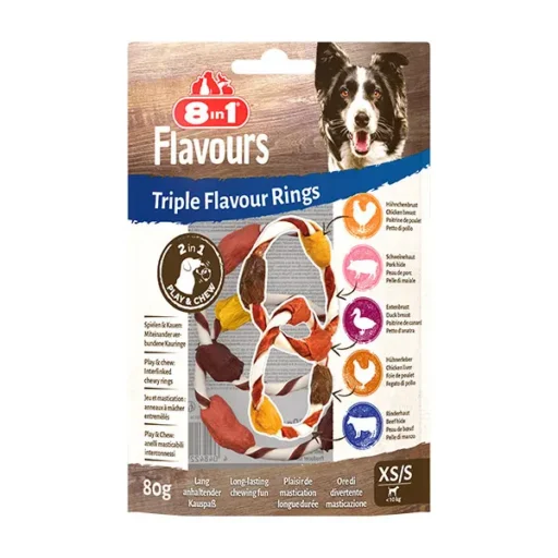8in1 FLAVOURS trigubo skonio skanėstas šuniui XS/S, žiedai, 80g