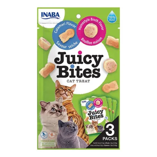 Juicy Bites guminukai katėms naminio sultinio ir kalmarų skonio, 3 vnt.