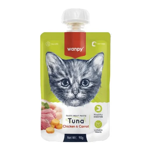 Wanpy mėsos pasta katėms su tunu, vištiena ir morkomis, 90 g.