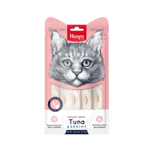 Wanpy skanėstas katėms, Creamy treats, su tunu ir krevetėmis, 70 g (5x14g)