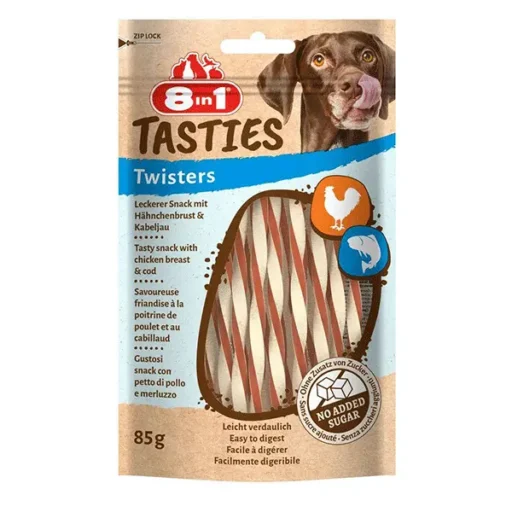 8in1 Tasties Twisters skanėstai šunims su vištiena ir menke, 85 g