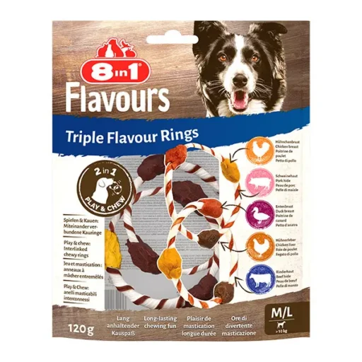 8in1 FLAVOURS trigubo skonio skanėsta šuniui M/L, žiedai, 120g