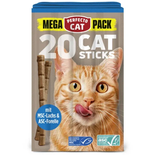 Perfecto Cat MEGA PACK skanėstai katėms lazdelės su lašiša ir upėtakiu, 20 vnt (100g)
